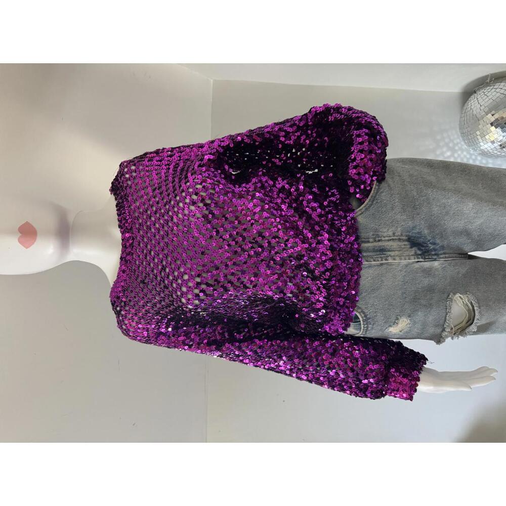 Vintage 70s/80s Pink Fuchsia Sequin Top Long Sleeves, Metallic Pink Sweater XS